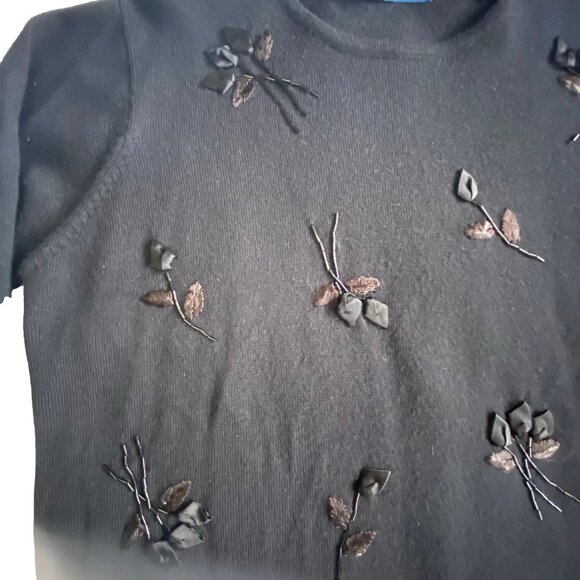 KAREN SCOTT Black Wool Blend Beaded Floral Appliqué Sweater Pullover M - Picture 5 of 12